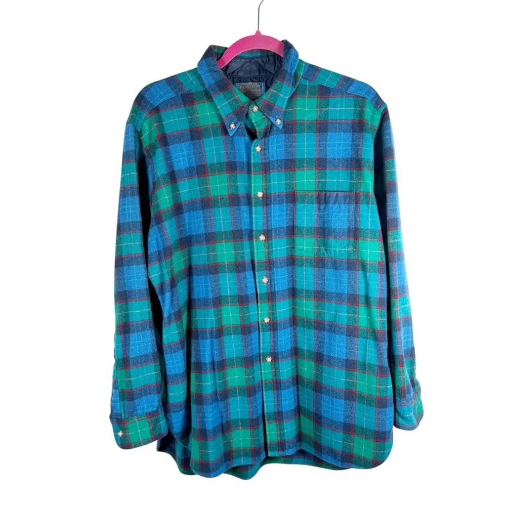 Vintage Pendleton Blue Green Plaid Wool Flannel Button Shirt Mens size XL